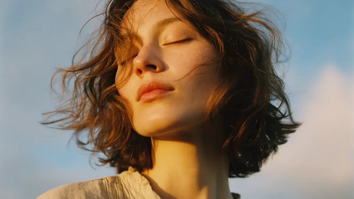 Human Progress Eine Frau stehe mit geschlossenen Augen in der Abendsonne.