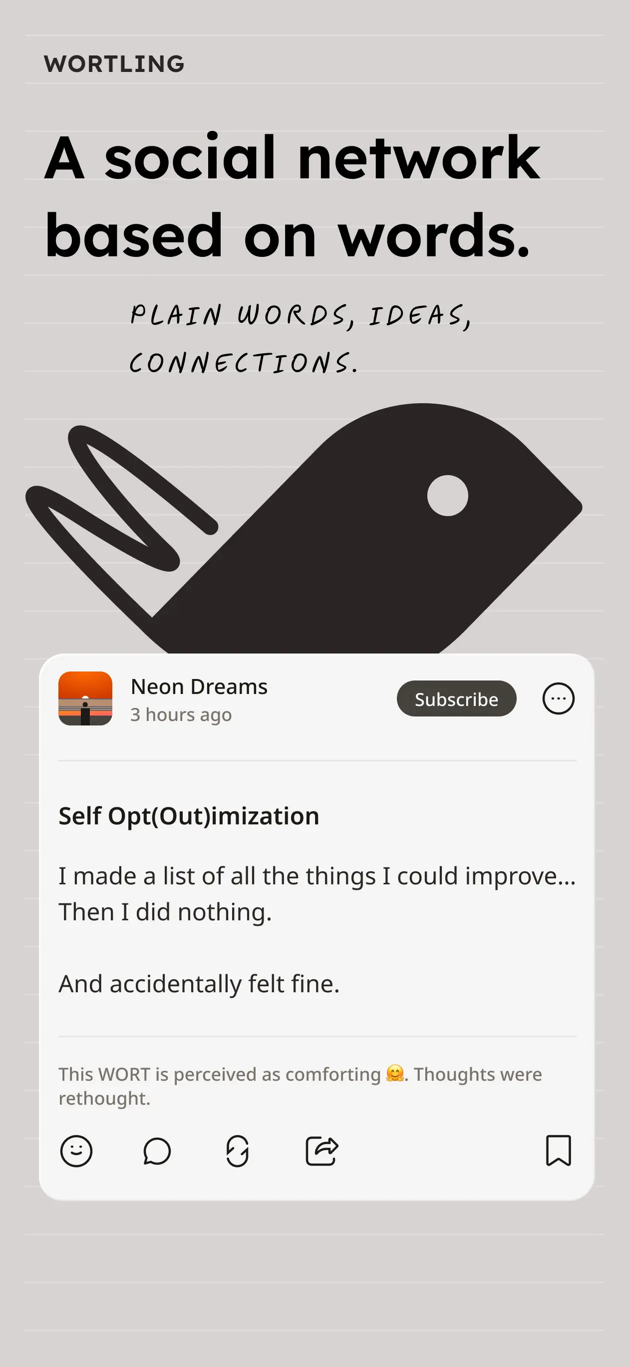 A image collage of the interface of the app WORTLING - showing the brand logo (a bird) and a composed post, a.k.a a "WORT".